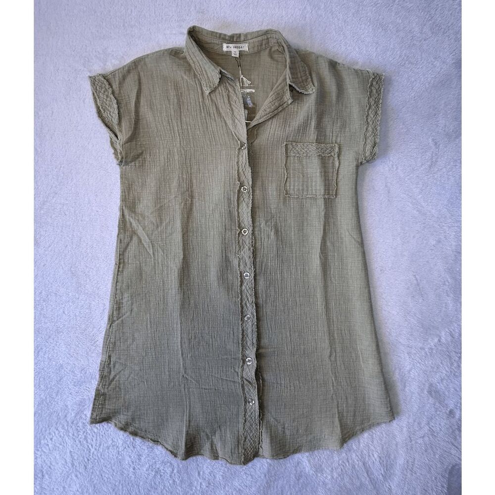 Blu Pepper Sage Green Capped Sleeve Button Down Tunic Shirt NWT Size S, Cotton